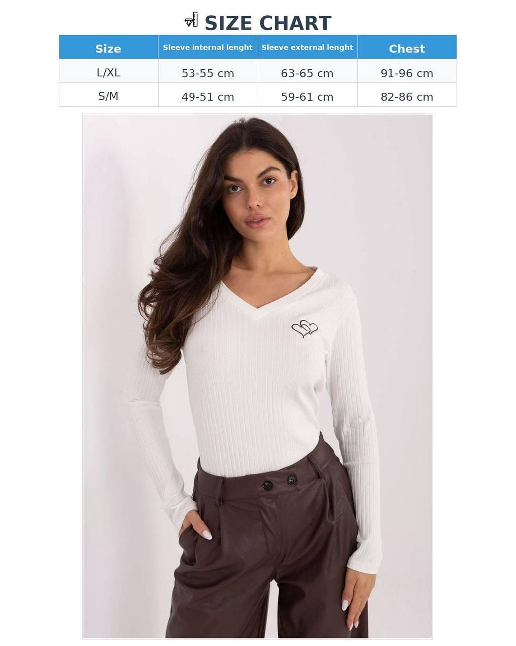 Love Lace White Ribbed Cotton V Neck Blouse With Heart Stitch