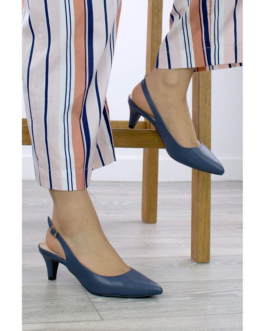 AJVANI Blue Mid Heel Pointed Toe Slingback 50S Court Shoes