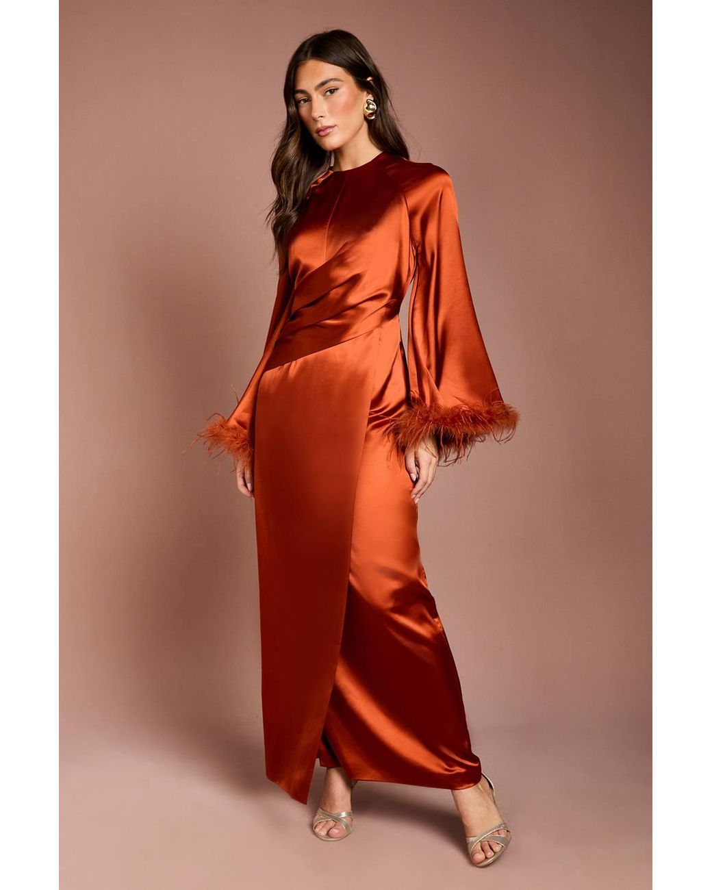 Coast Red Feather Trim Satin Maxi Dress