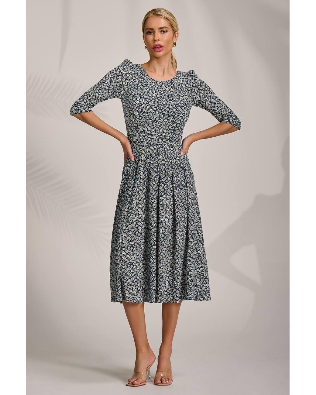 Jolie Moi Gray Sleeve Printed Jersey Midi Dress