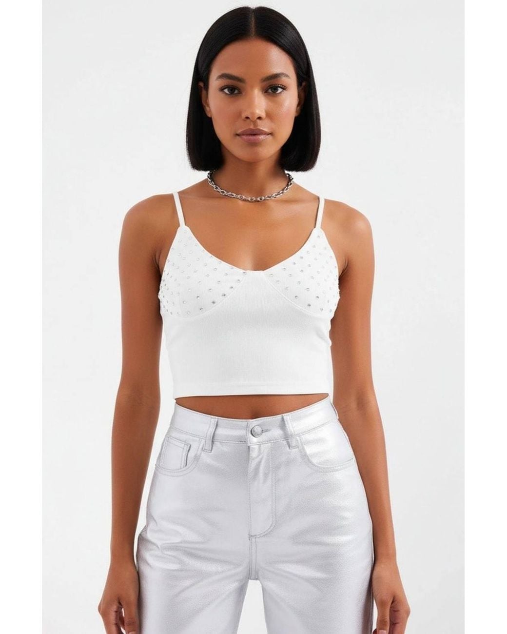 Bigdart White Stone Embellished Fitted Crop Top With V-Neck