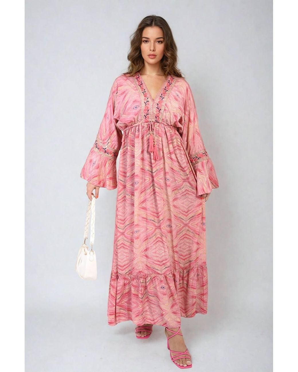 IKRUSH Pink Melissa Printed Long V-Neck Ruffled Hem Maxi Dress