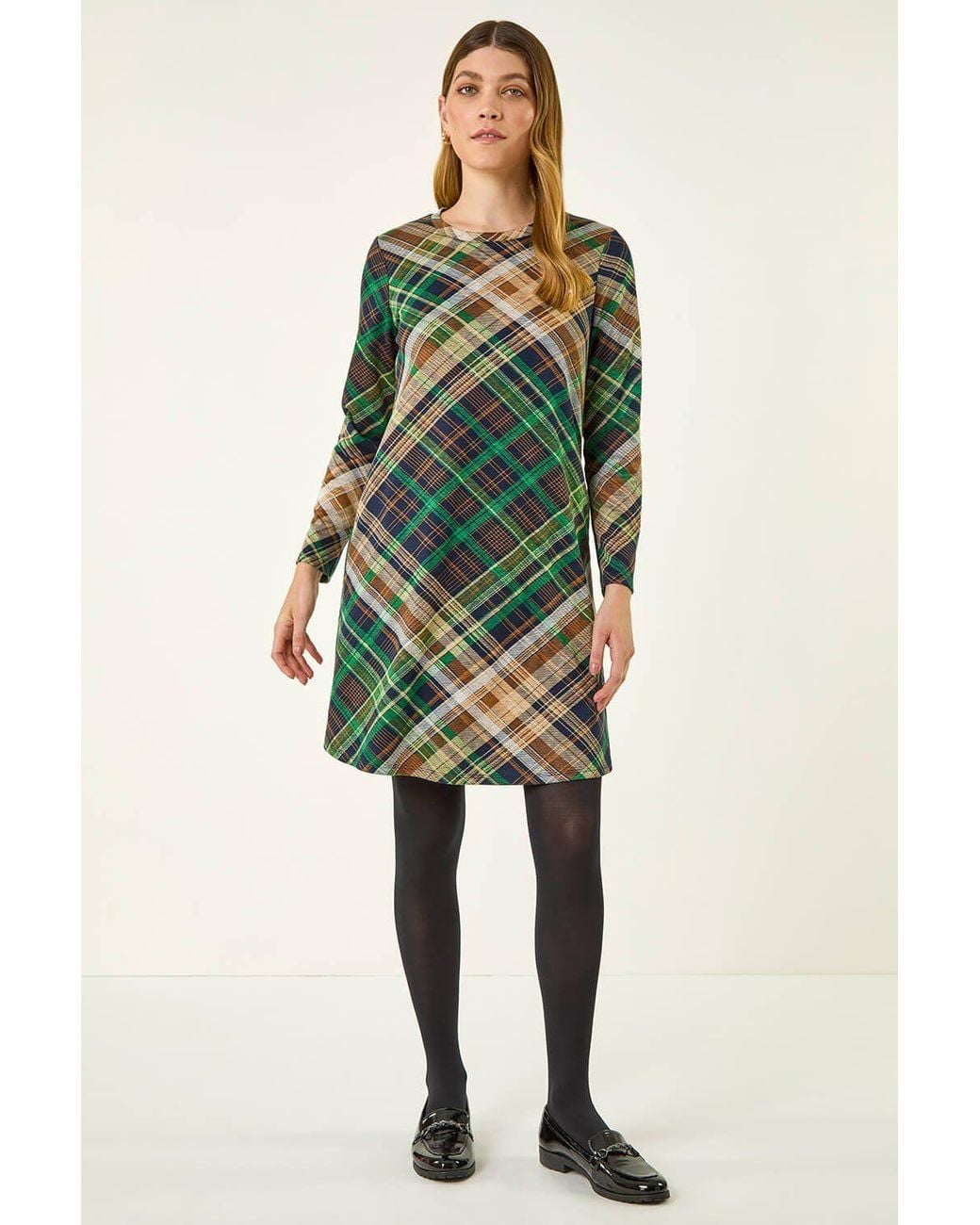 Roman Green Check Print Swing Pocket Dress