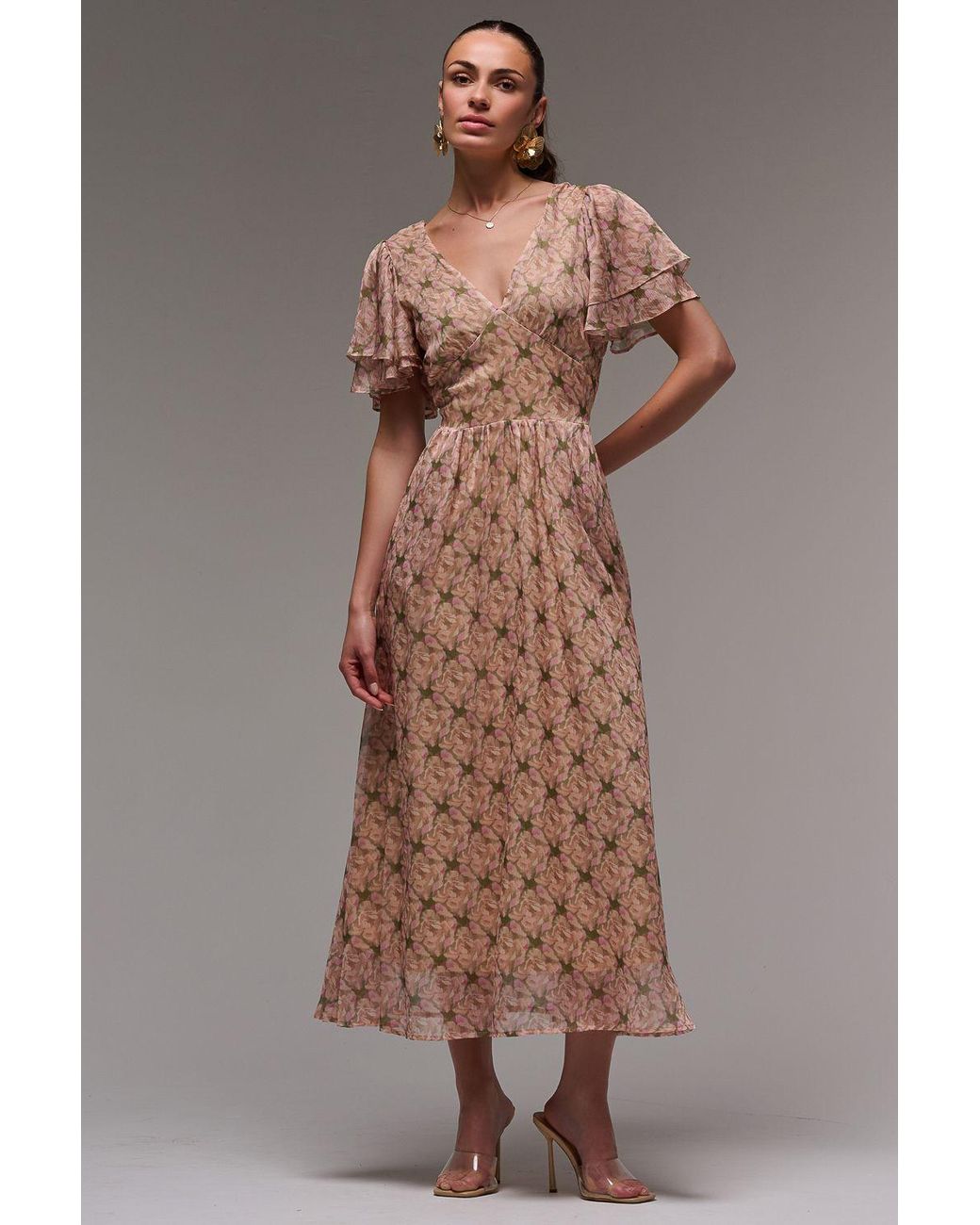 Jolie Moi Brown Layered Angel Sleeved Chiffon Maxi Dress