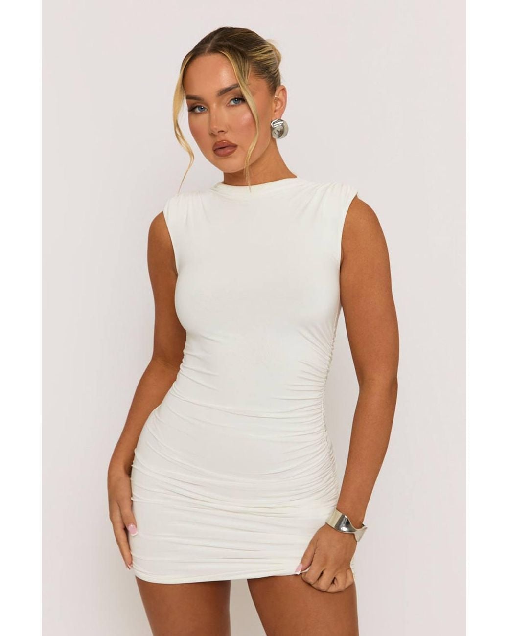 Rebellious Fashion Brown Selma High Neck Shoulder Pad Ruched Mini Dress