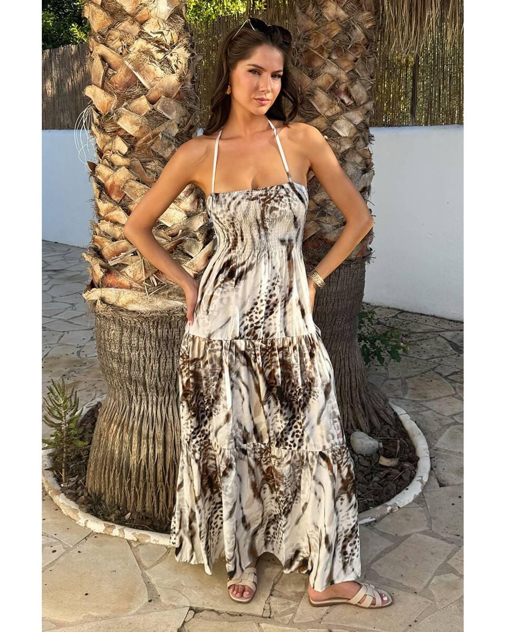 AX Paris Gray Multi Animal Print Tie Neck Shirred Top Smock Midi Dress