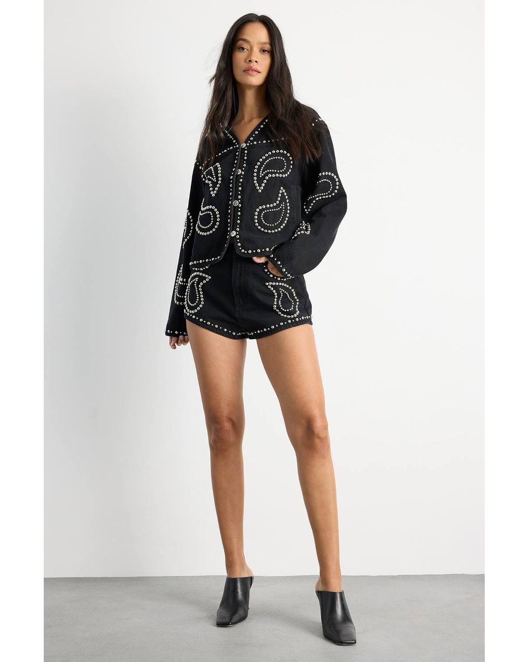 Warehouse Black Paisley Studded Denim Shorts