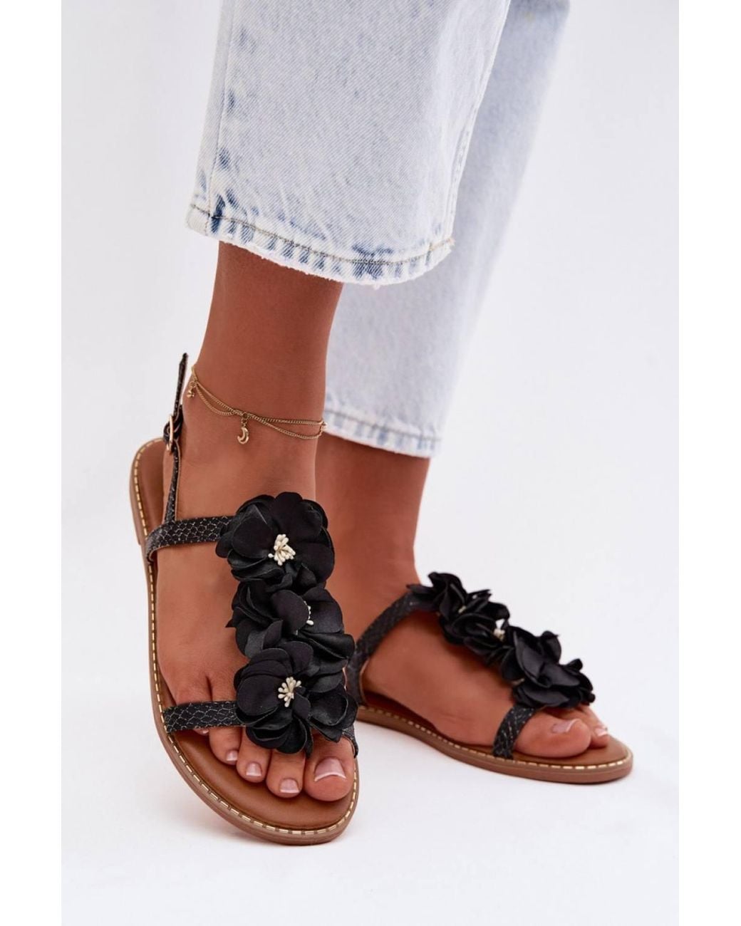 Love Lace Black Stylish Fabric Flower Sandals With Adjustable Buckle Soft Insole
