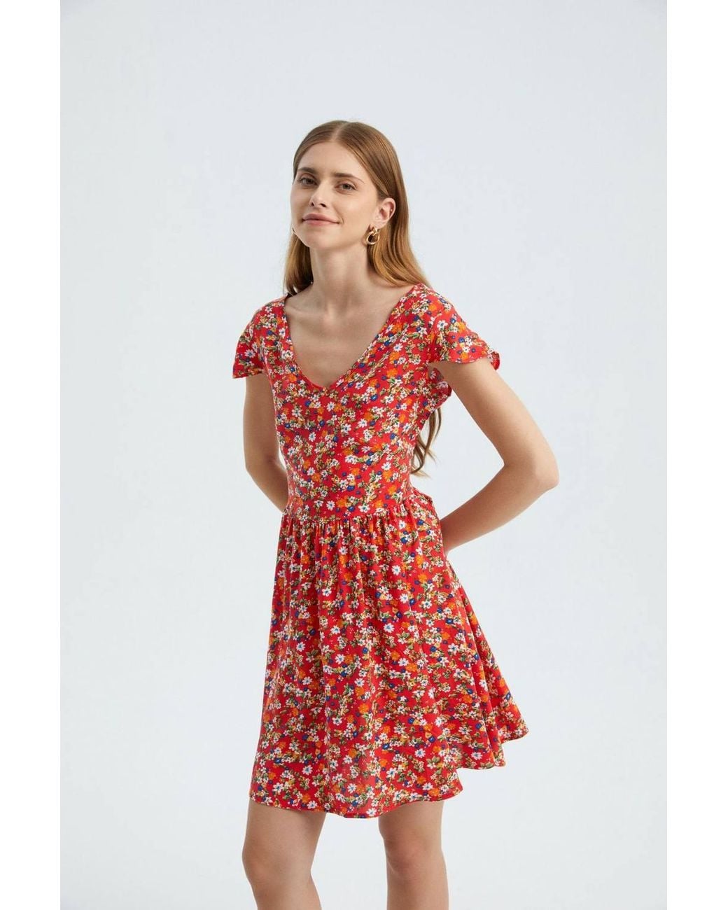 Hiccup Red Floral V Neck Short Sleeve Mini Dress