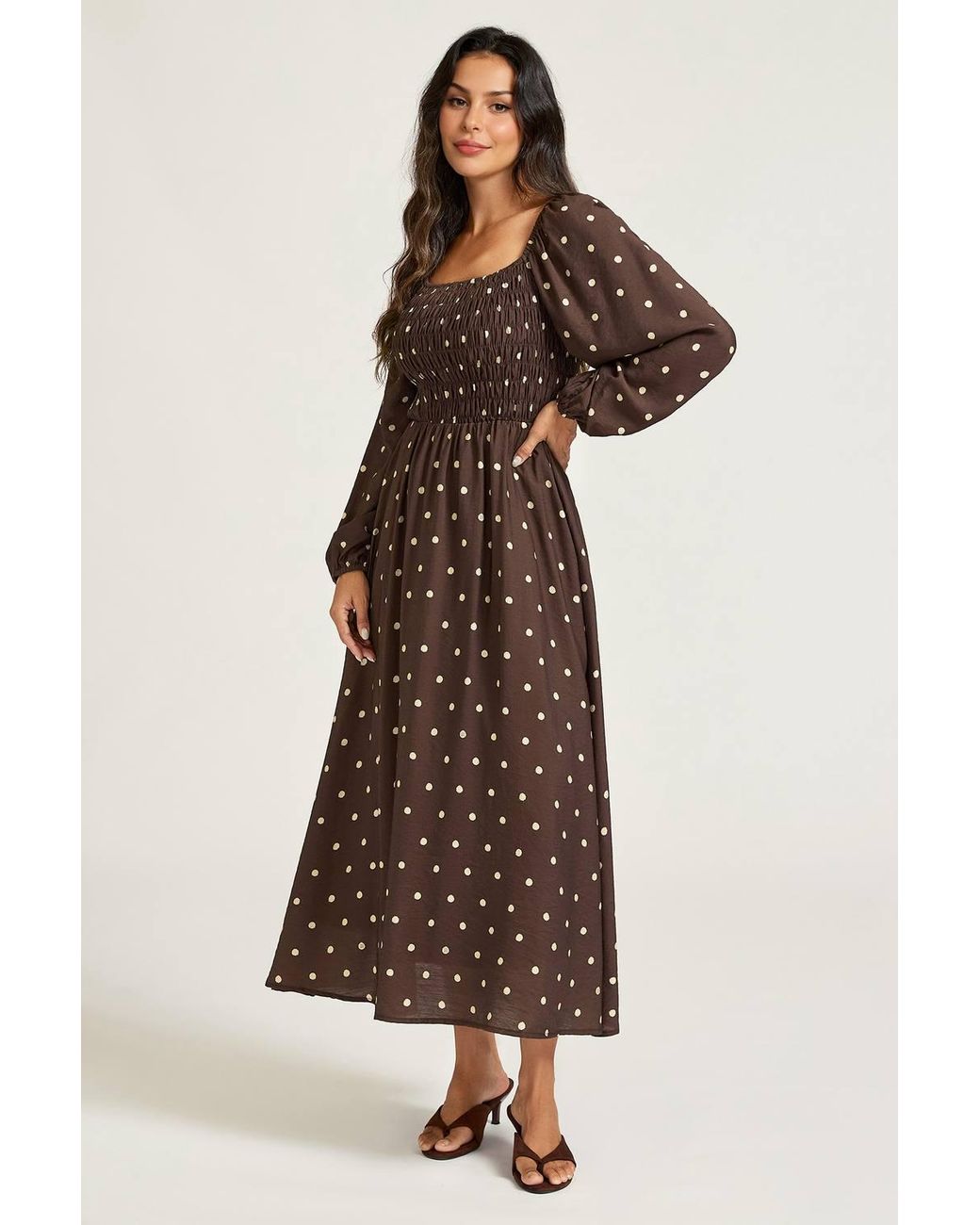 FS Collection Brown Print Square Neck Midi Dress With Long Sleeves