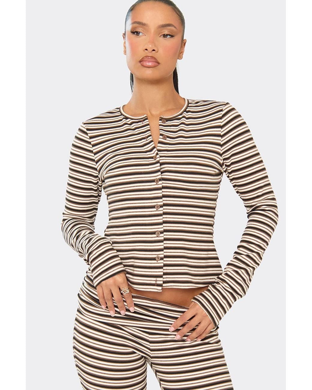 EGO Gray Long Sleeve Button Up V-Neck Top