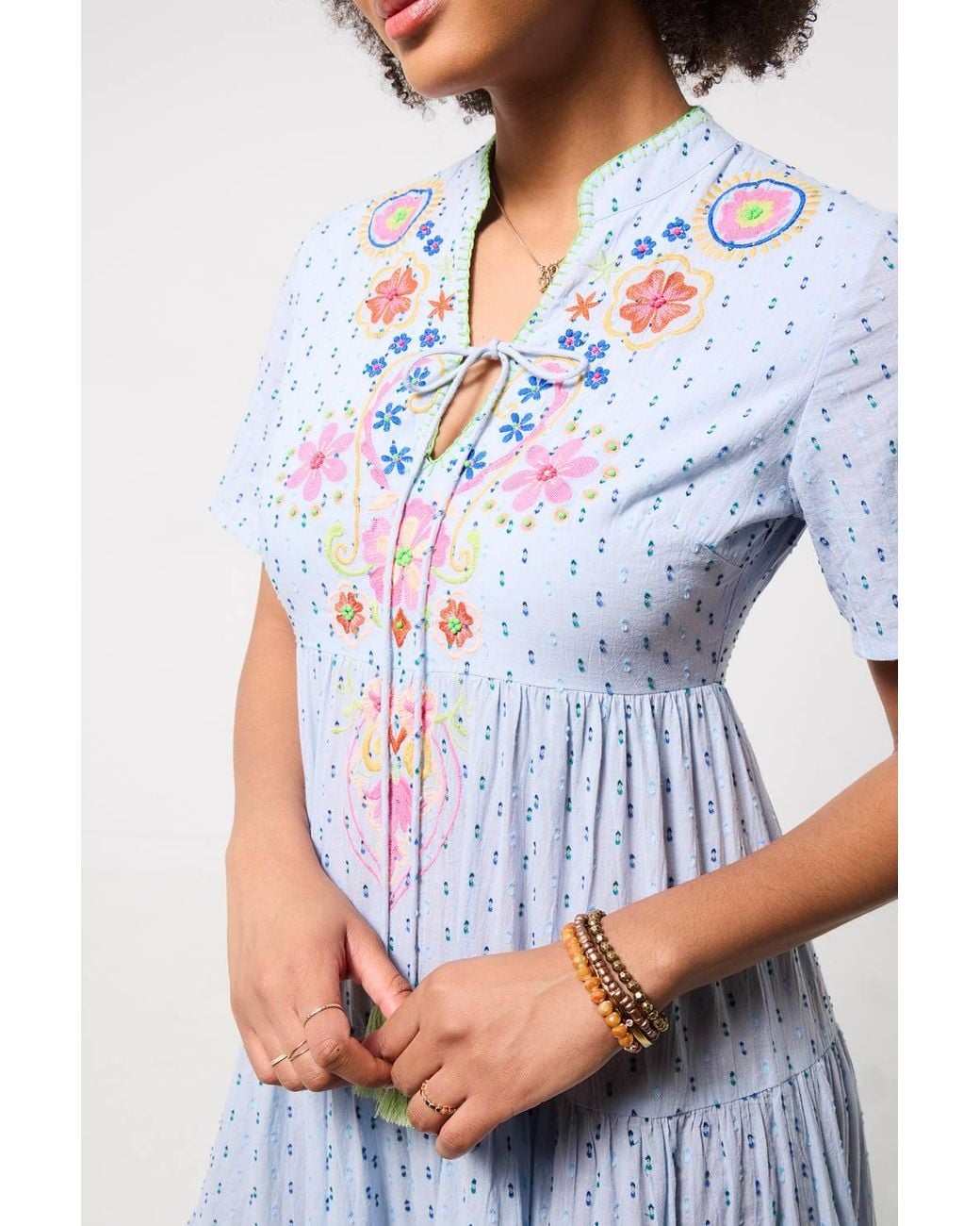 Joe Browns Blue Embroidered Midi Dress With Tie Neckline & Tassel Trim