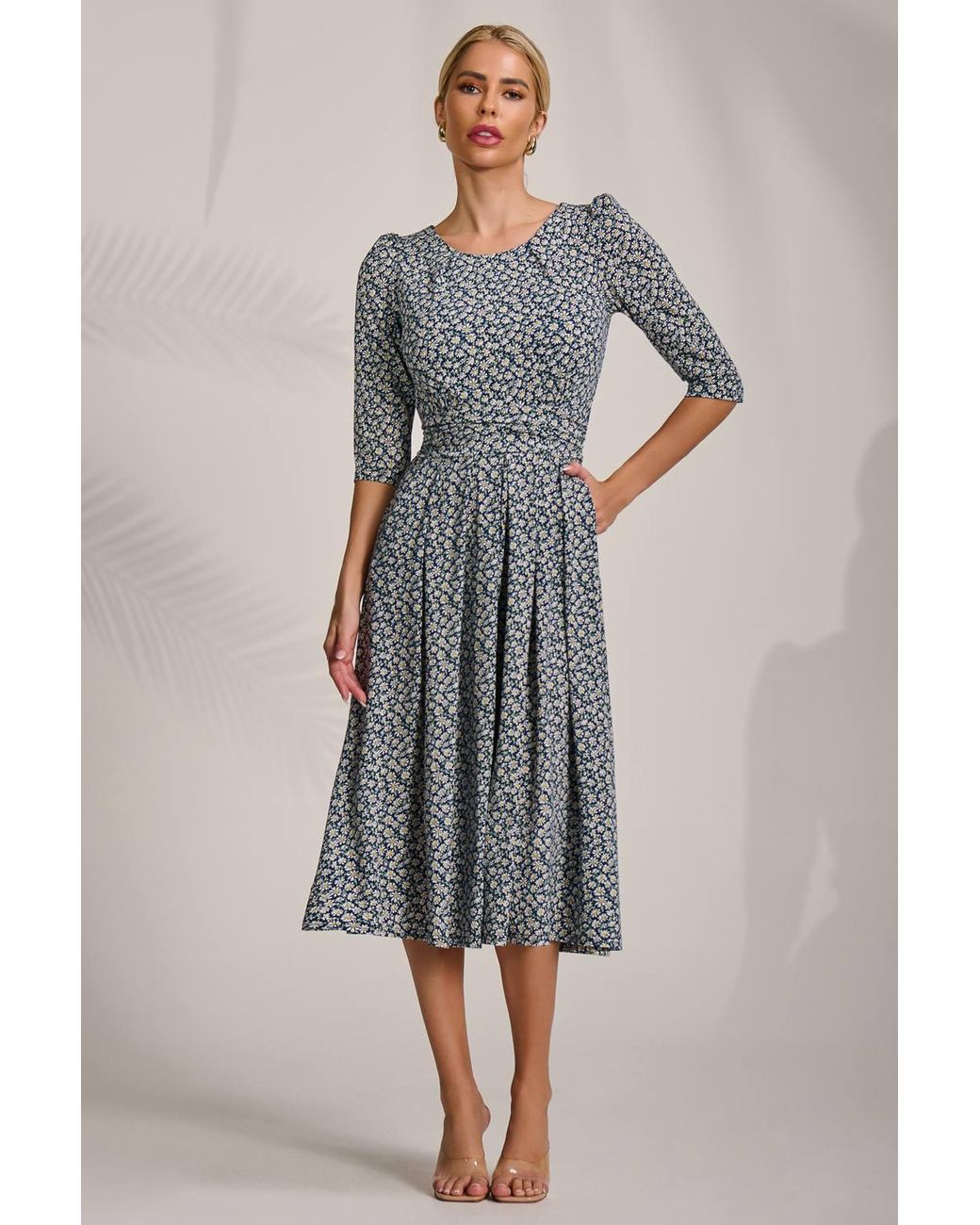 Jolie Moi Gray Sleeve Printed Jersey Midi Dress