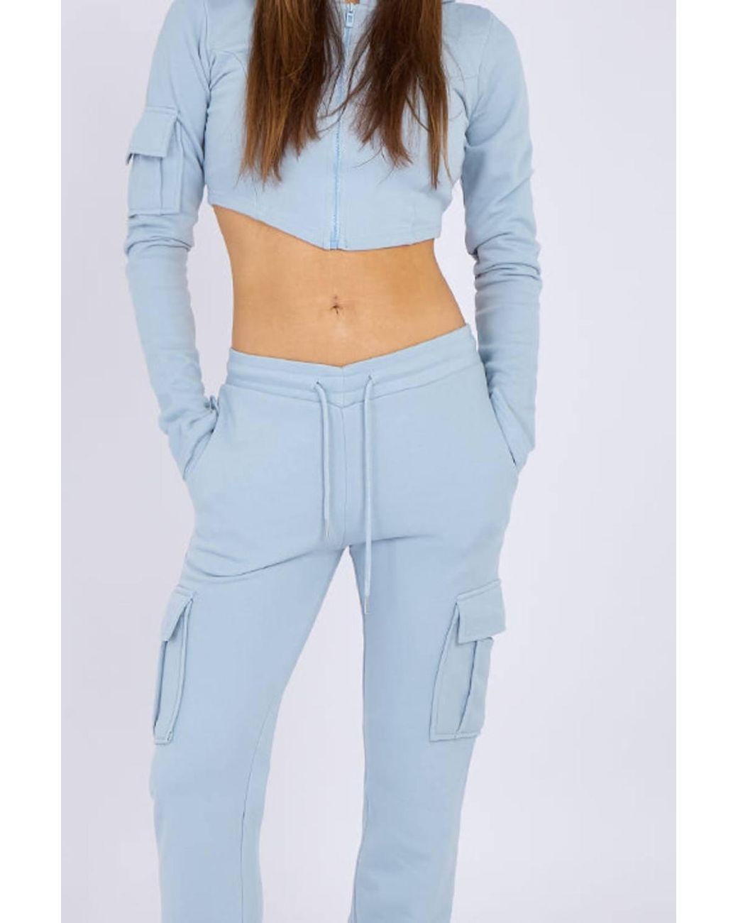 Stylewise Blue Loopback Cropped Zip Up Hoodie