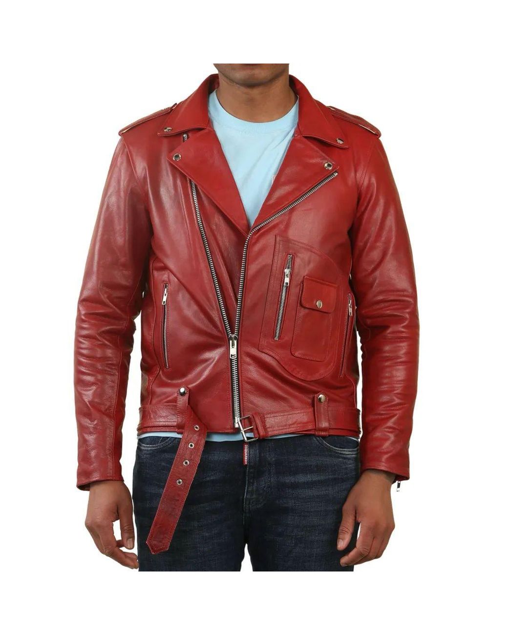 TruClothing Red Cow Hide Biker Brando Cross Zip Leather Jacket for men