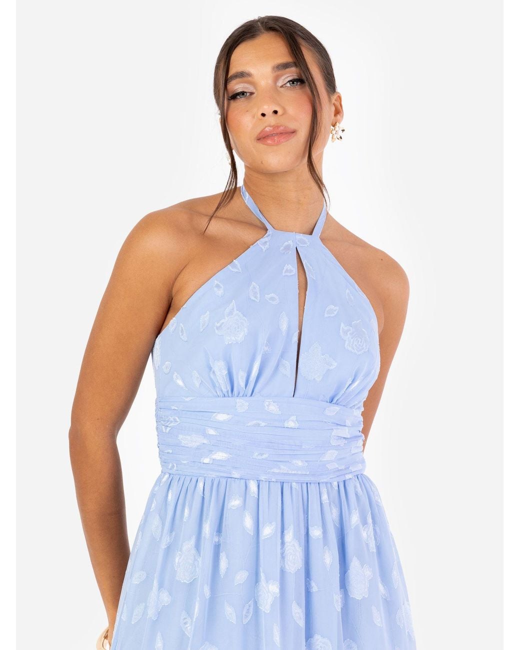 Maya Deluxe Blue Floral Self-Tie Halter Neck Maxi Dress