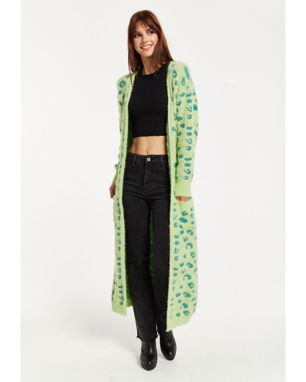 Liquorish Green Fluffy Longline Cardigan
