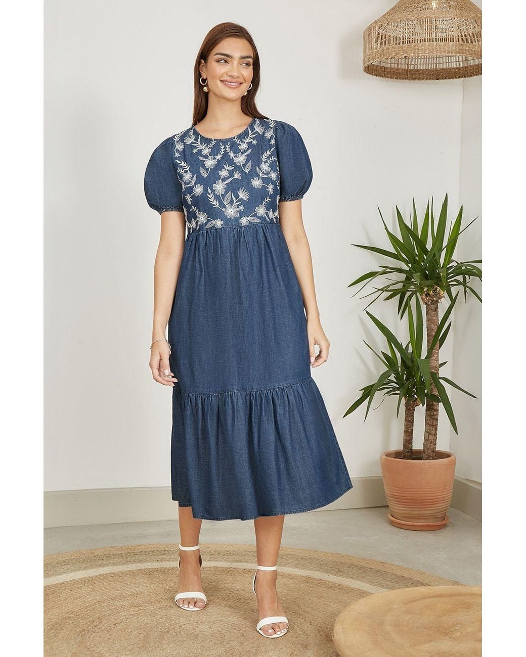 Yumi' Blue Chambray Denim Midi Dress With Embroidery & Puff Sleeves