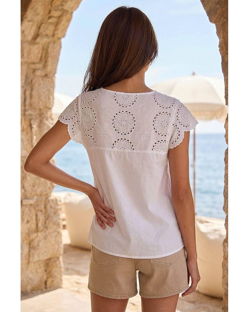 Roman Brown Broderie Buttoned Top