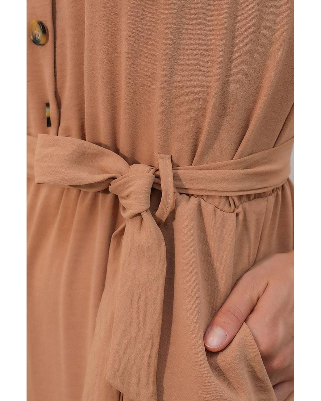 Bigdart Natural Solid Woven Shirt-Collar Jumpsuit With Bow Detail