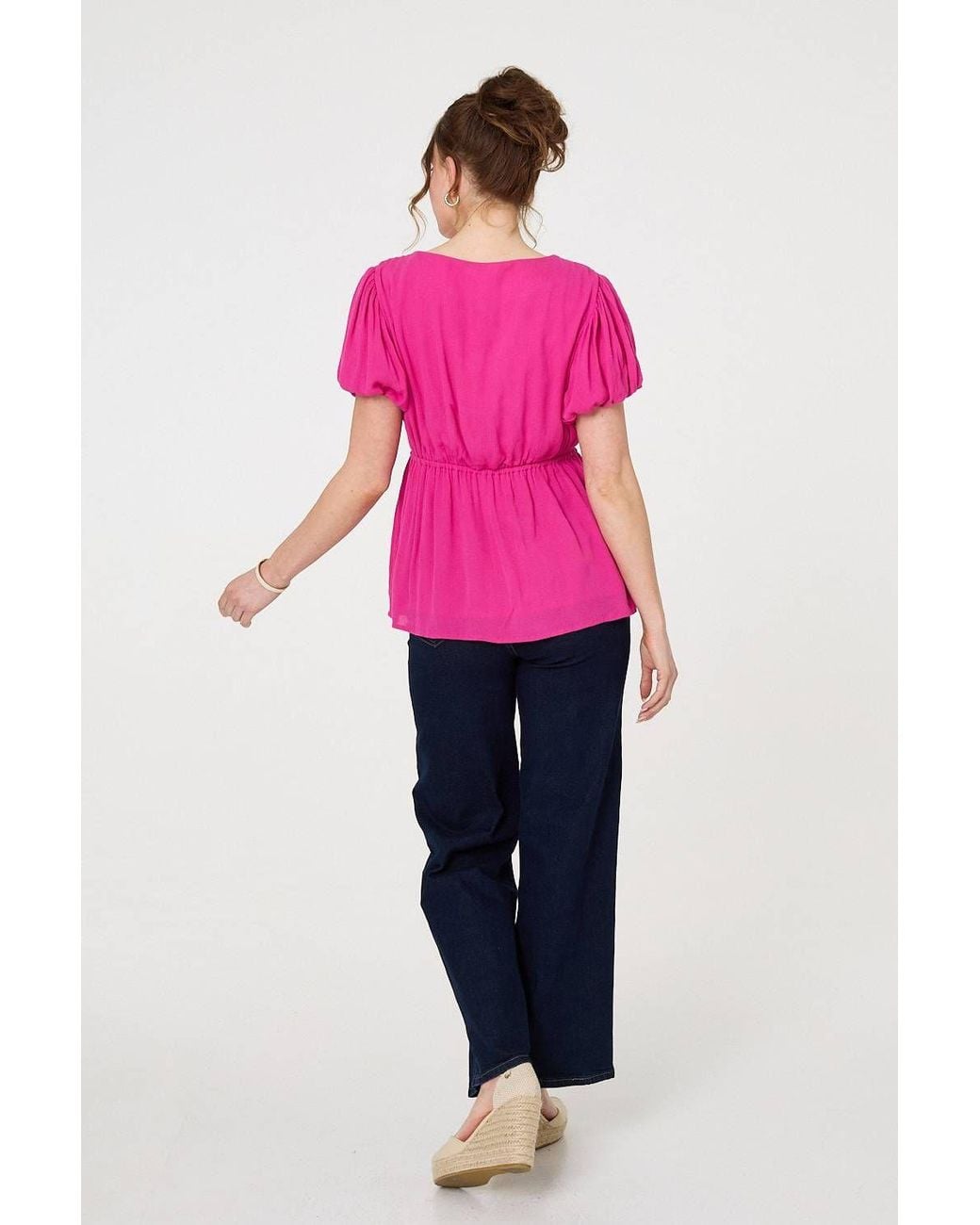 Izabel London Pink Ruched Short Puff Sleeve Peplum Blouse