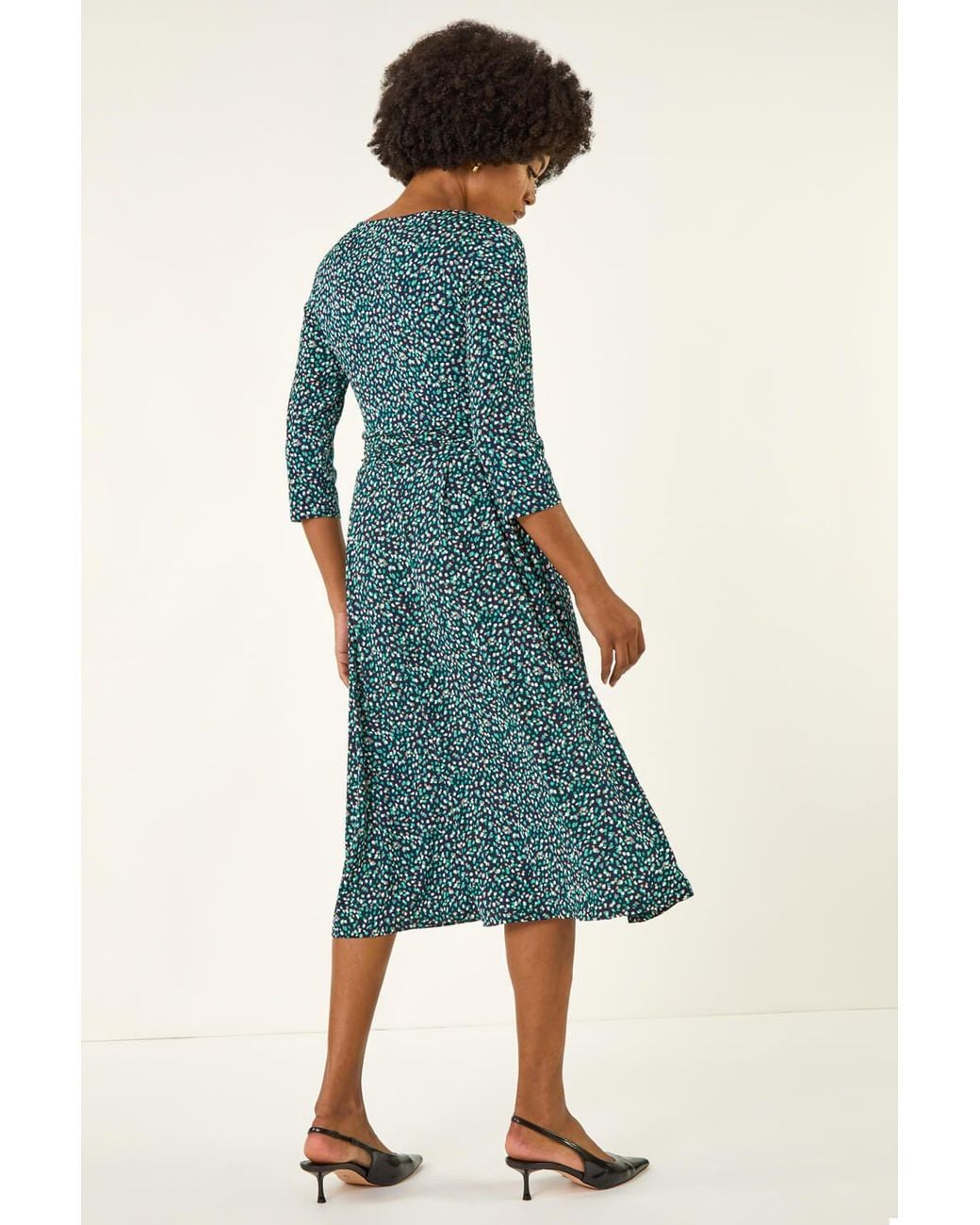 Roman Green Abstract Print Gathered Stretch Midi Dress
