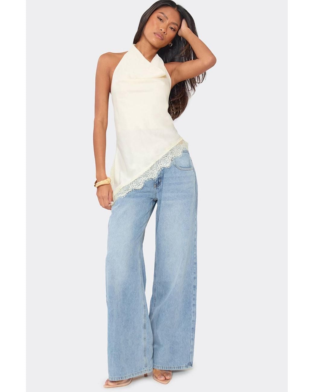 EGO White Sleeveless Cowl Neck Asymmetric Hem Satin Top