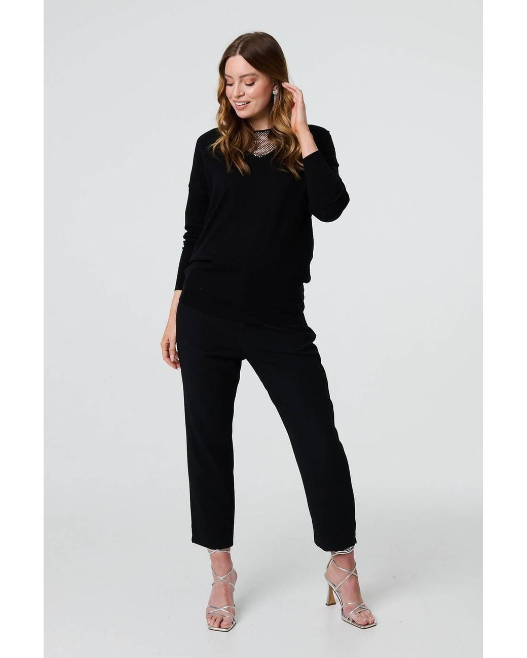 Izabel London Black Sequin Mesh V-Neck Knitted Top