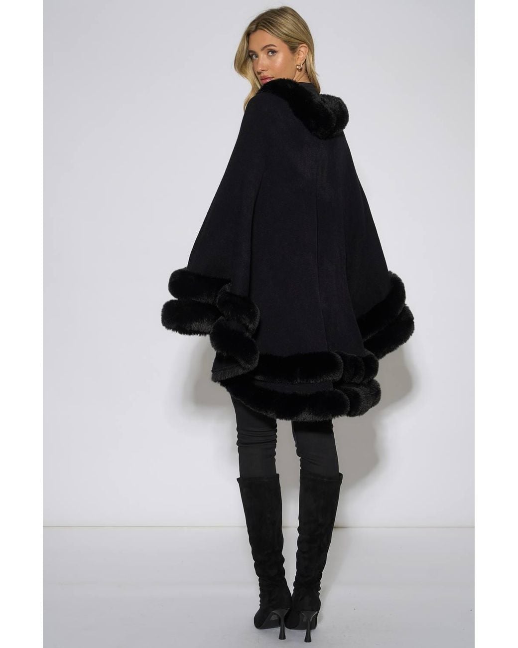 Gini London Black Double Layer Fur Trim Cape