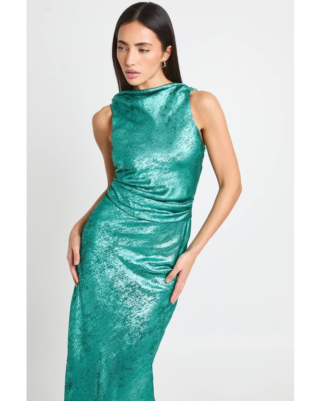 Warehouse Red Liquid Metallic Lame Draped Maxi Bias Dress