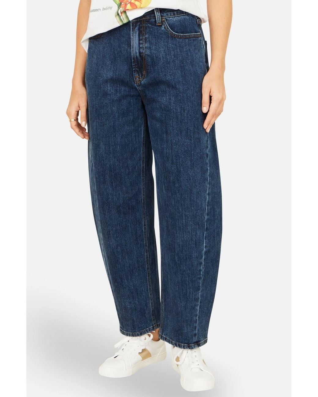 Yumi' Blue Denim Barrel Relaxed Fit Jeans