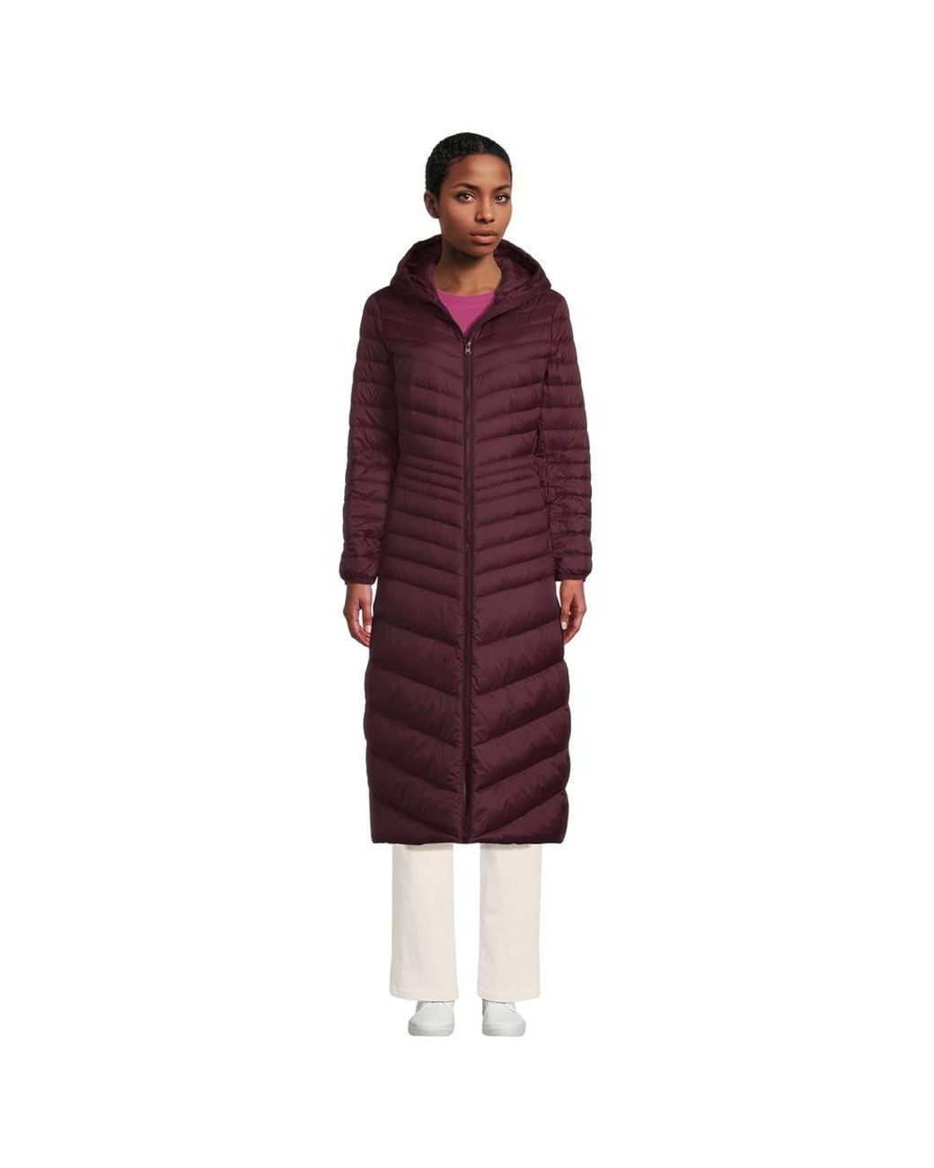 Lands' End Red Wanderweight Down Ultralight Packable Hooded Maxi Coat