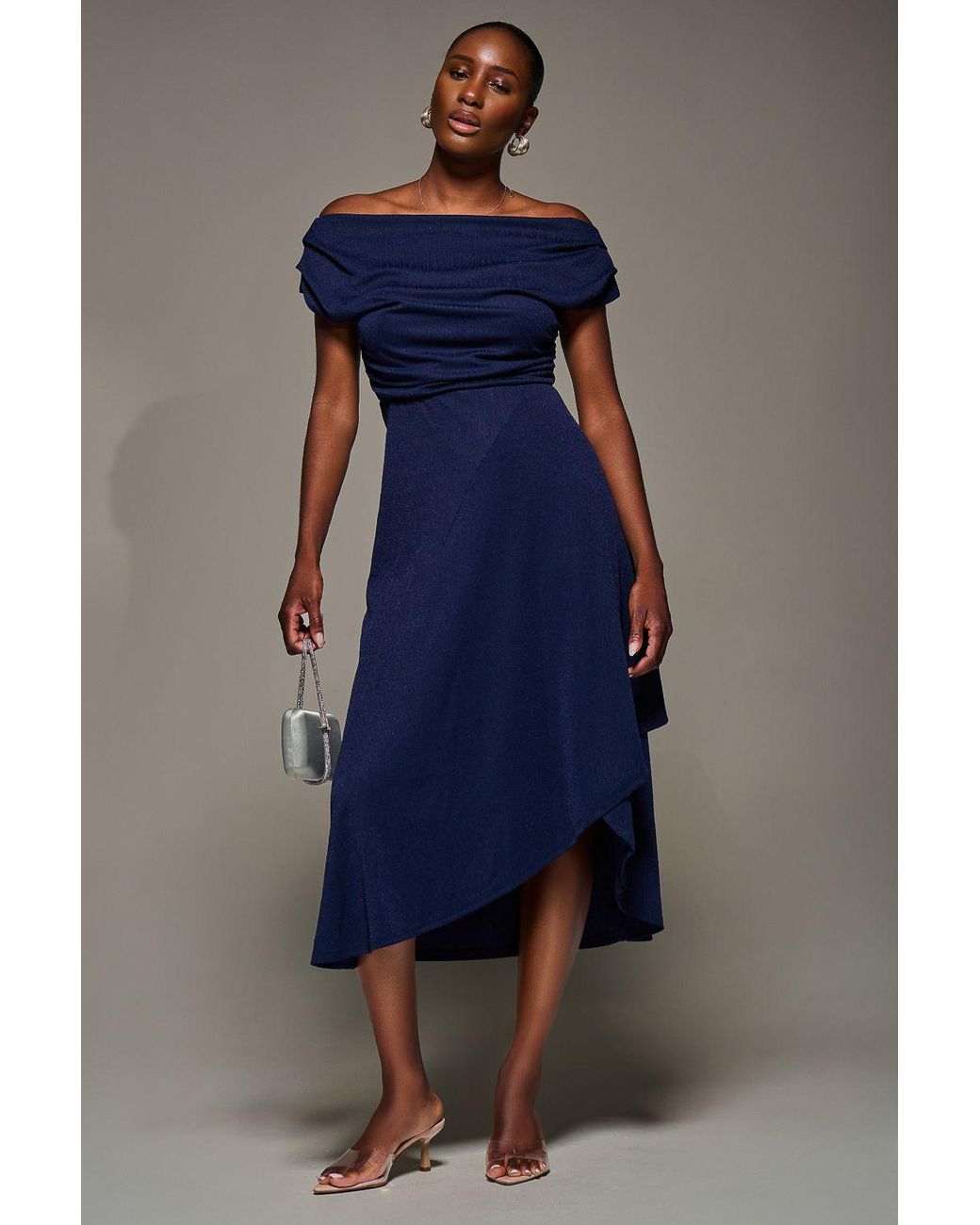 Jolie Moi Blue Draped Jersey Cowl Neck Midi Dress