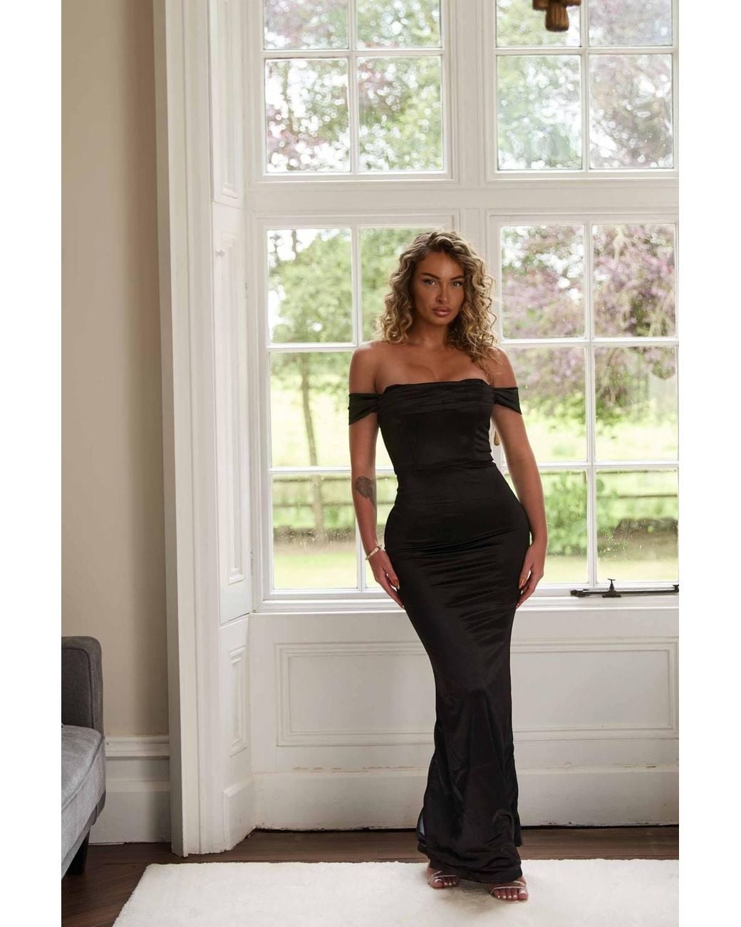 Femme Luxe Natural Off The Shoulder Bodycon Drape Detail Maxi Dress