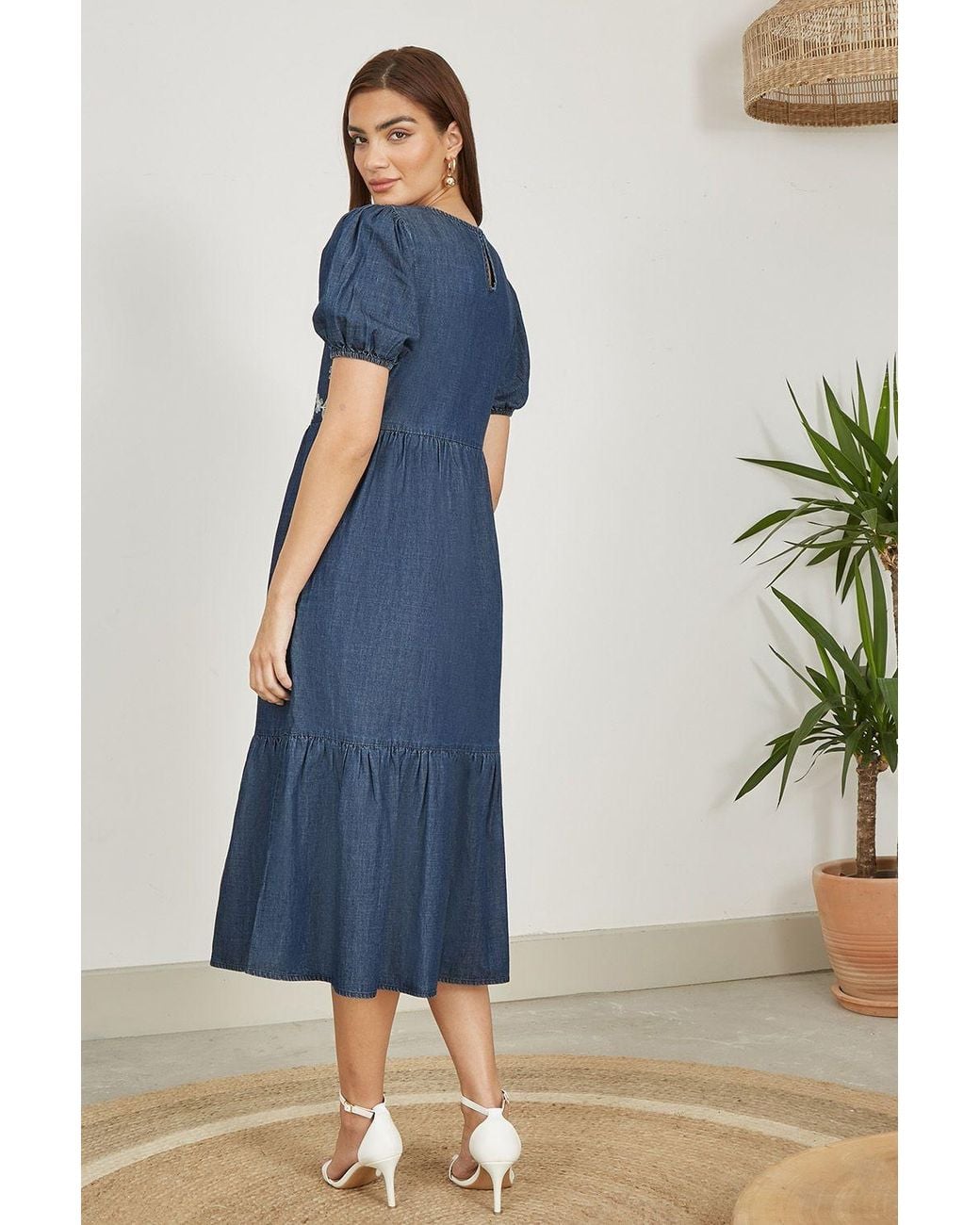 Yumi' Blue Chambray Denim Midi Dress With Embroidery & Puff Sleeves
