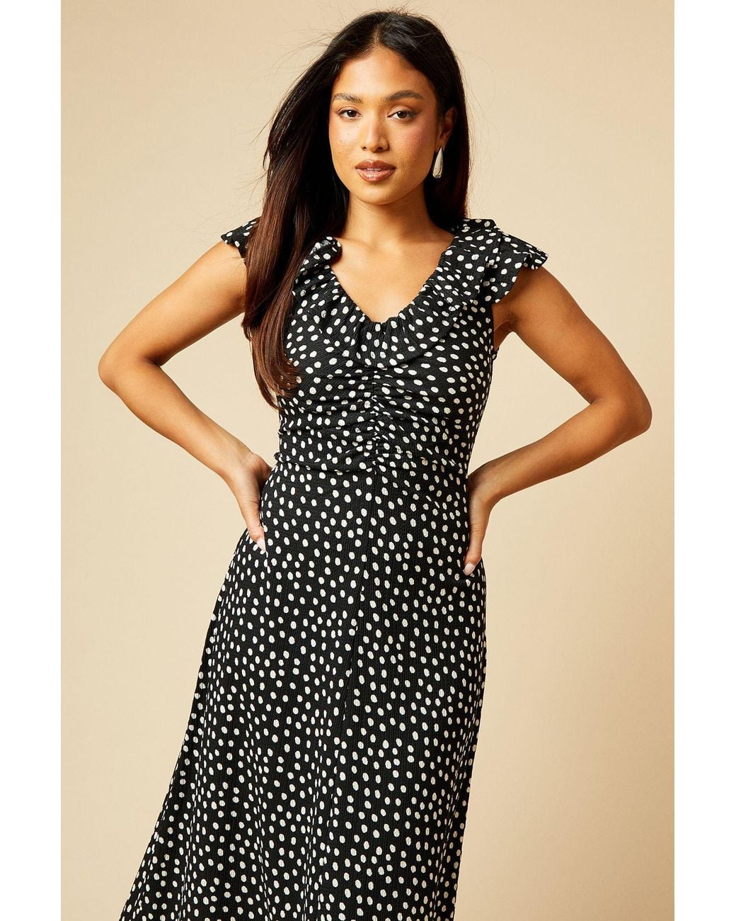 Dorothy Perkins Blue Petite Frill Neck Ruched Front Jersey Midi Dress