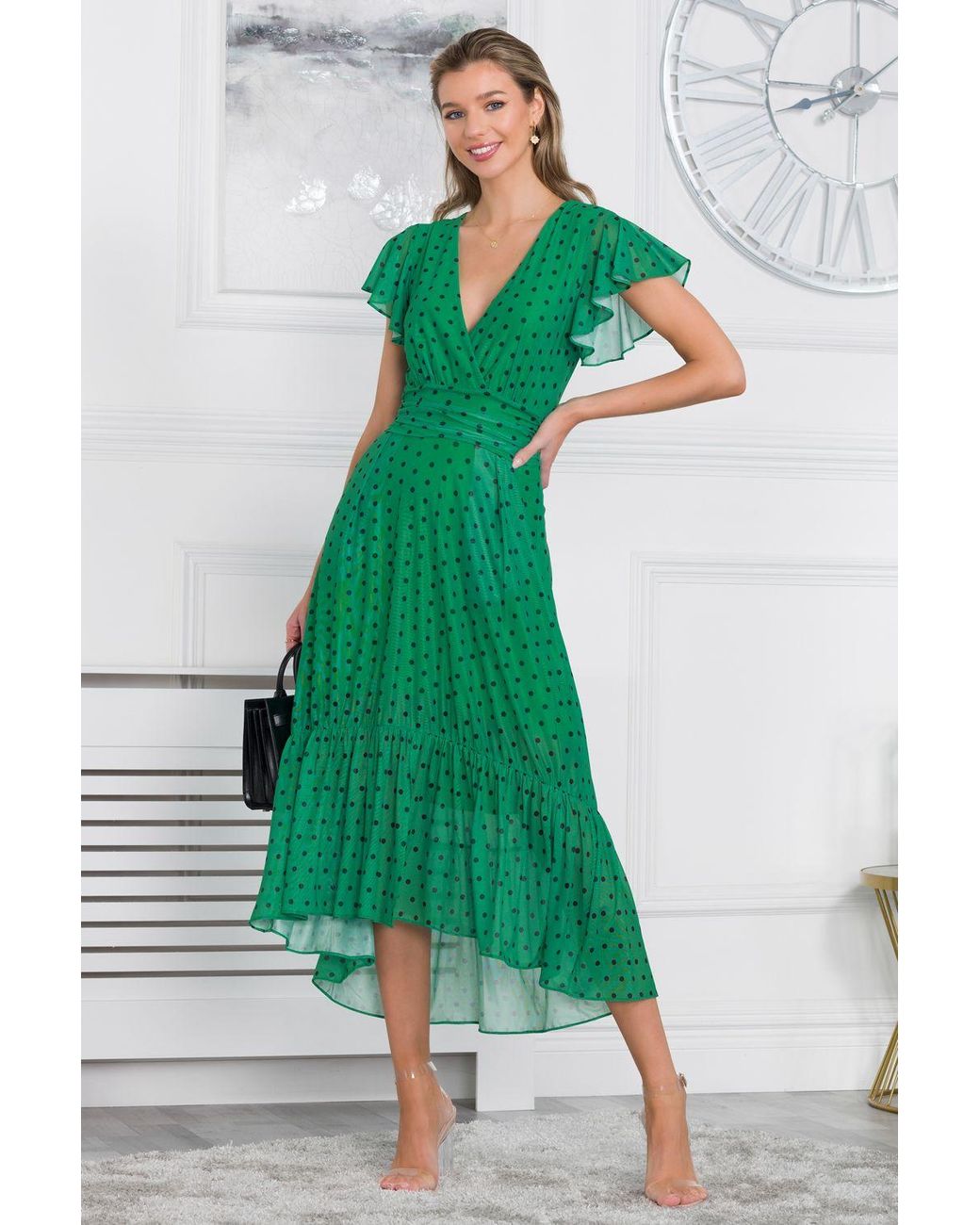 Jolie Moi Green Leena Mesh Cap Sleeve Tiered Maxi Dress