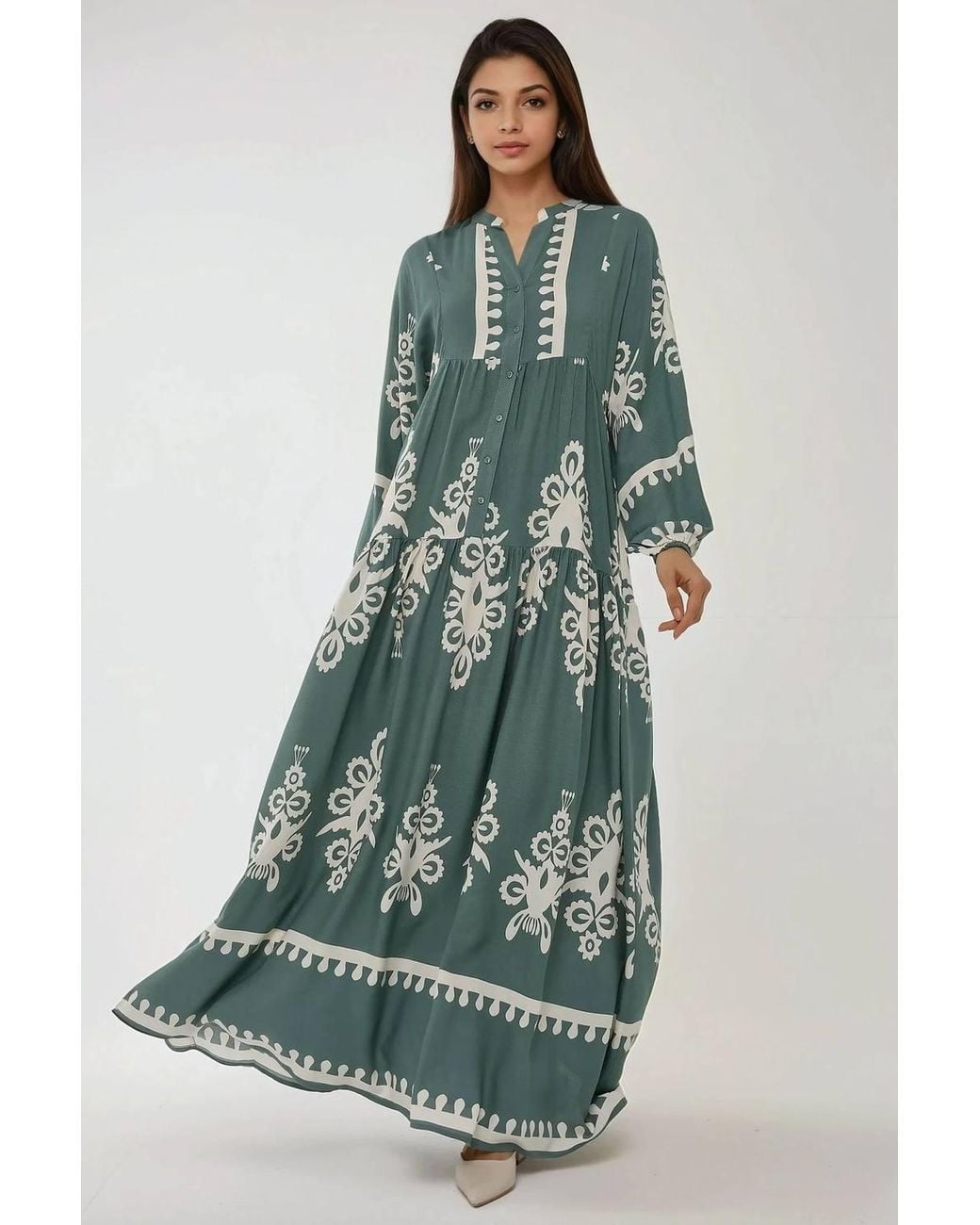 Hiccup Green Printed Long Sleeve Viscose Maxi Dress