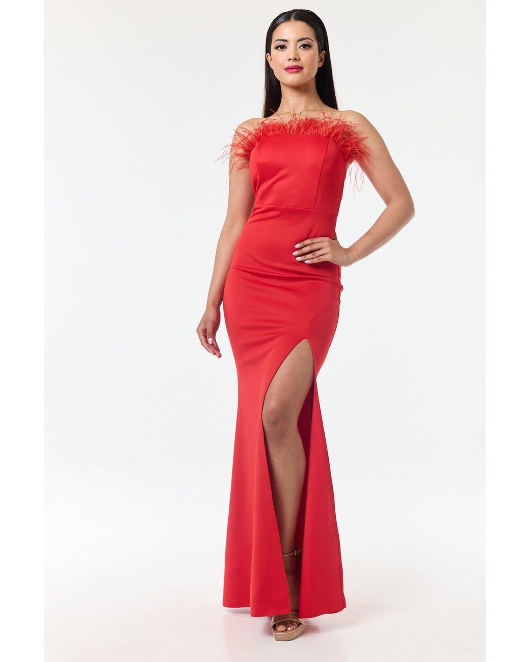 LuvForever Fashion Red Bandeau Side Slit Maxi Dress