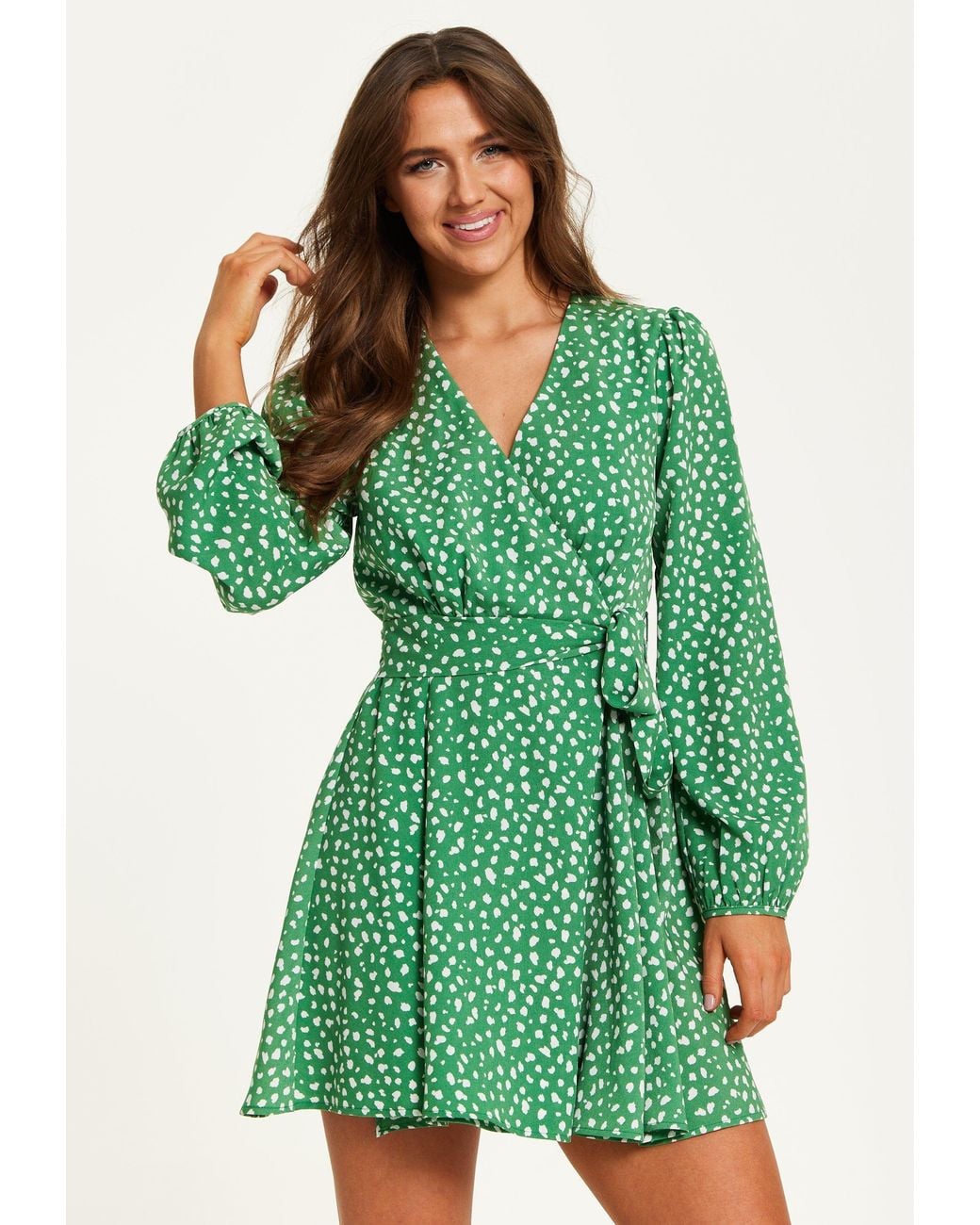 Liquorish Green Animal Print Mini Wrap Dress With Long Sleeves