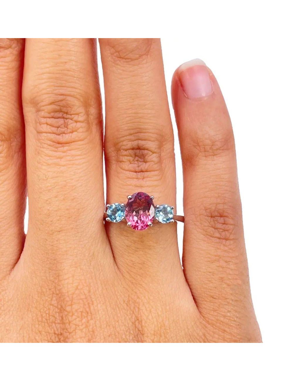 Raina Jewels Pink 18Ct Oval Tourmaline & Aquamarine Trilogy Ring 1.60 Ct
