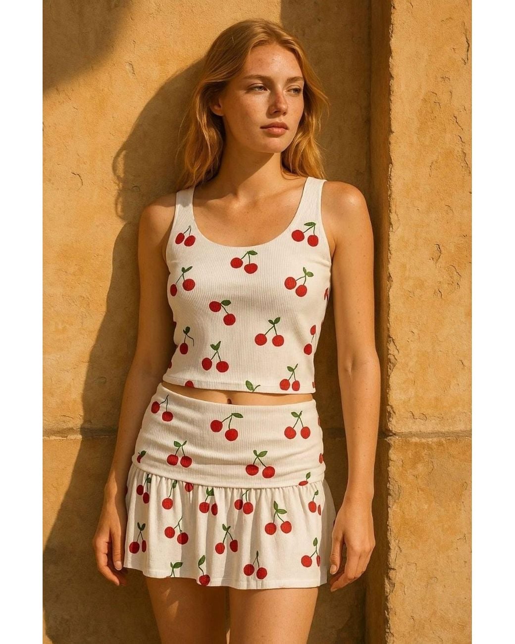 Stylewise Brown Cherry Print Slinky Mini Skort