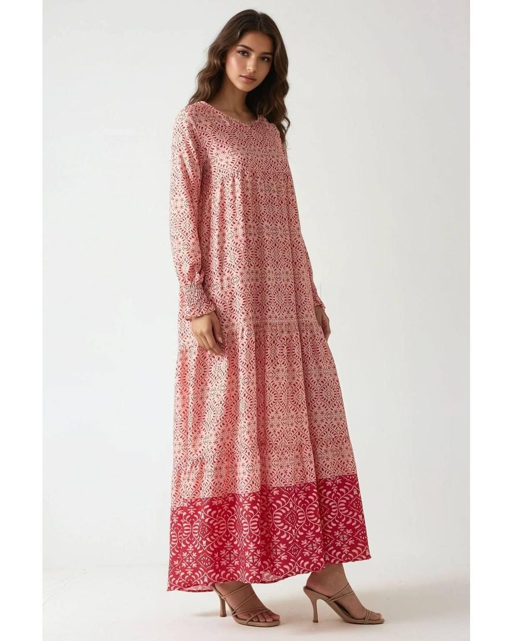 Hiccup Red Printed Viscose Maxi Dress With Crew Neck