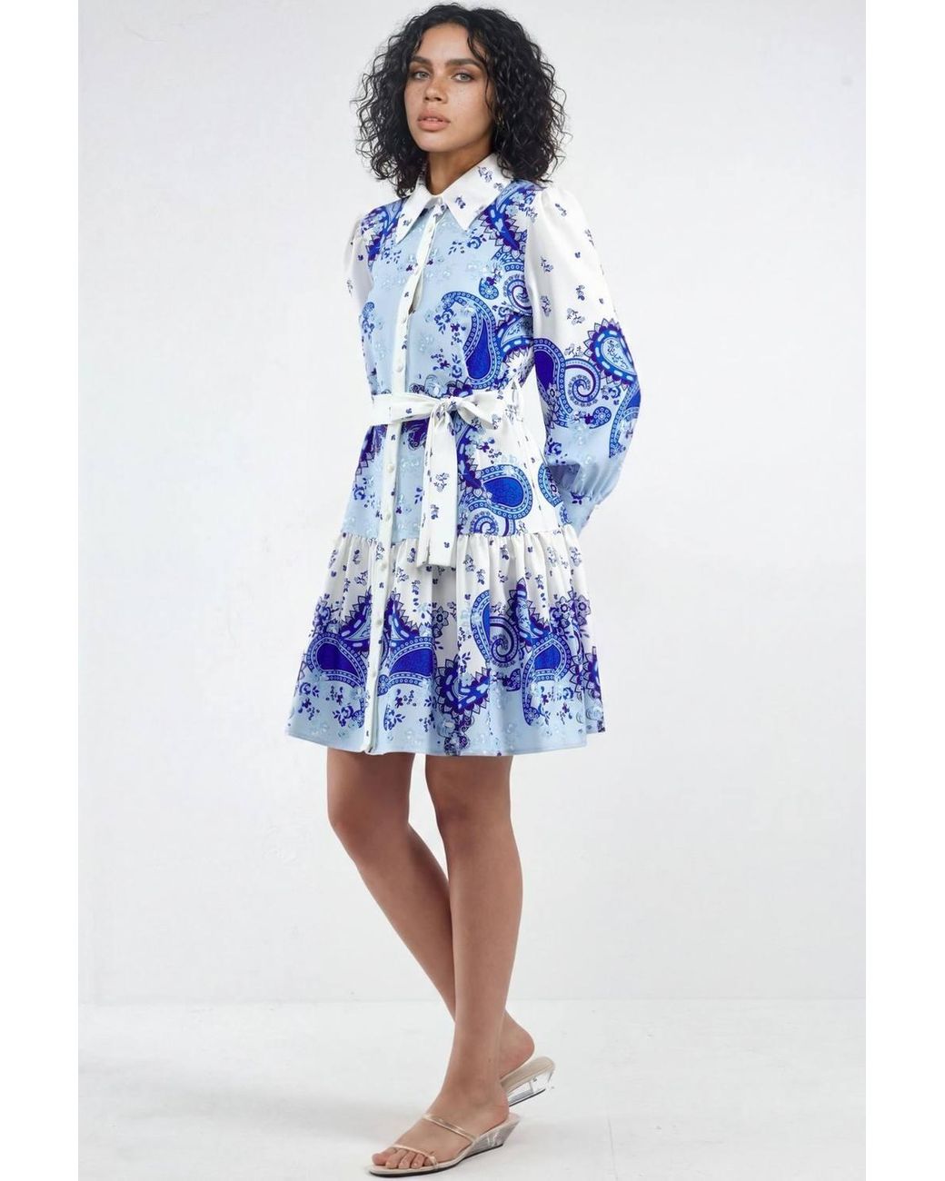 Msn-Collection Blue Patterned A-Line Mini Dress