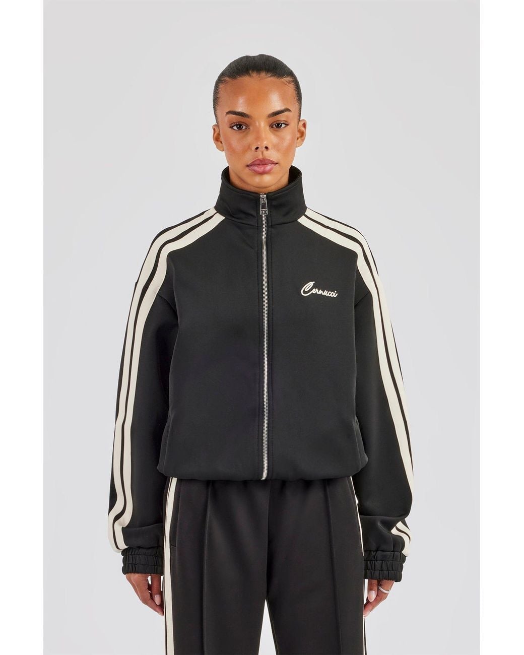 CERNUCCI Black Funnel Neck Taping Zip Through Track Jacket
