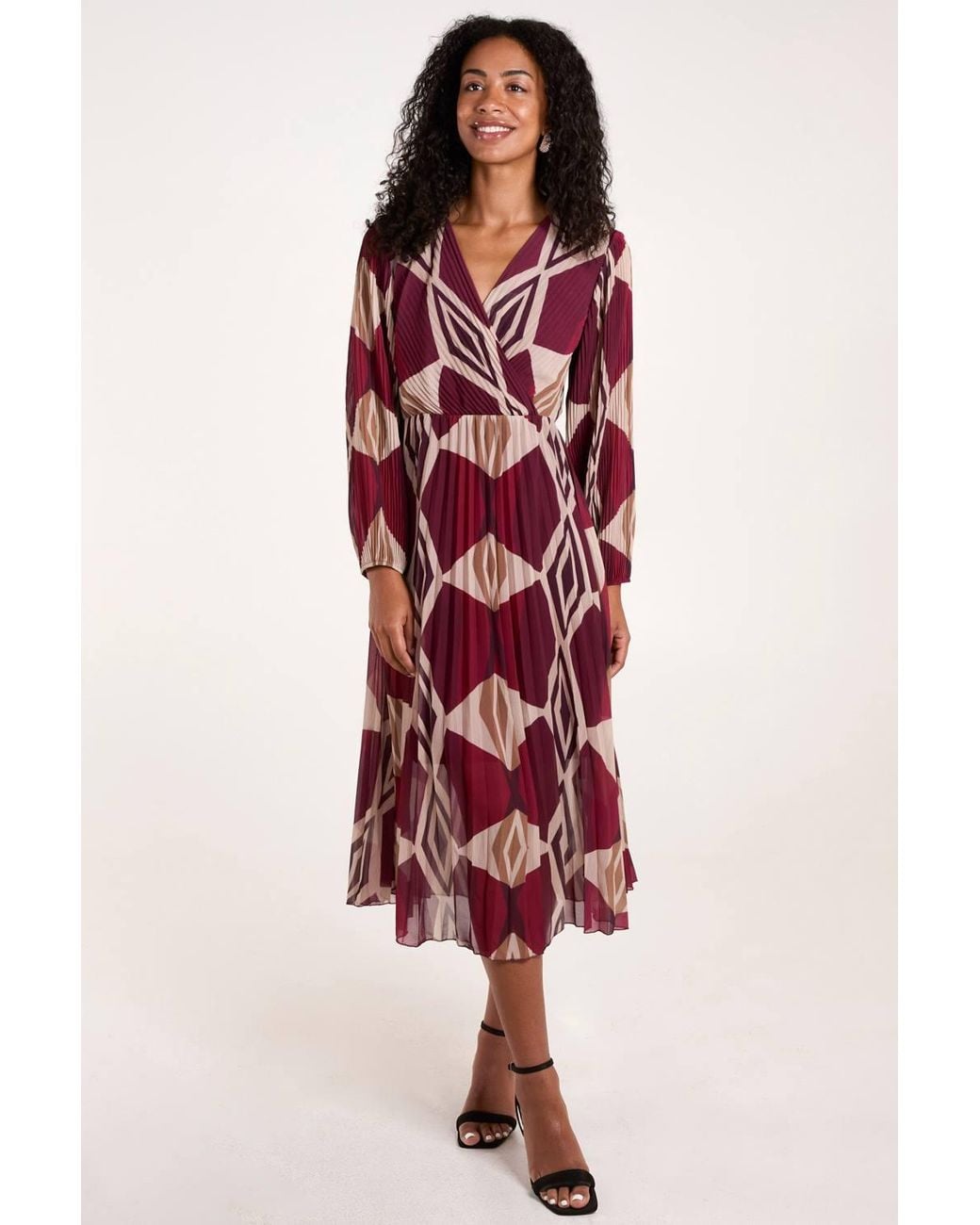 Blue Vanilla Red Wrap Front Pleated Geometric Maxi Dress