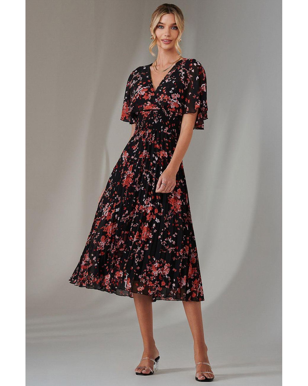 Jolie Moi Brown Floral Print Chiffon Pleated Dress