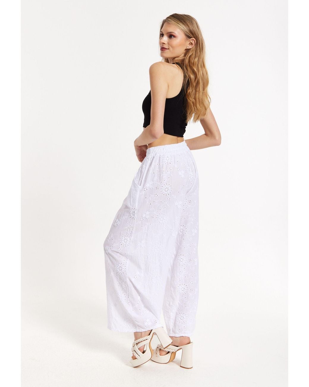 Liquorish White Embroidered Wide Leg Trousers