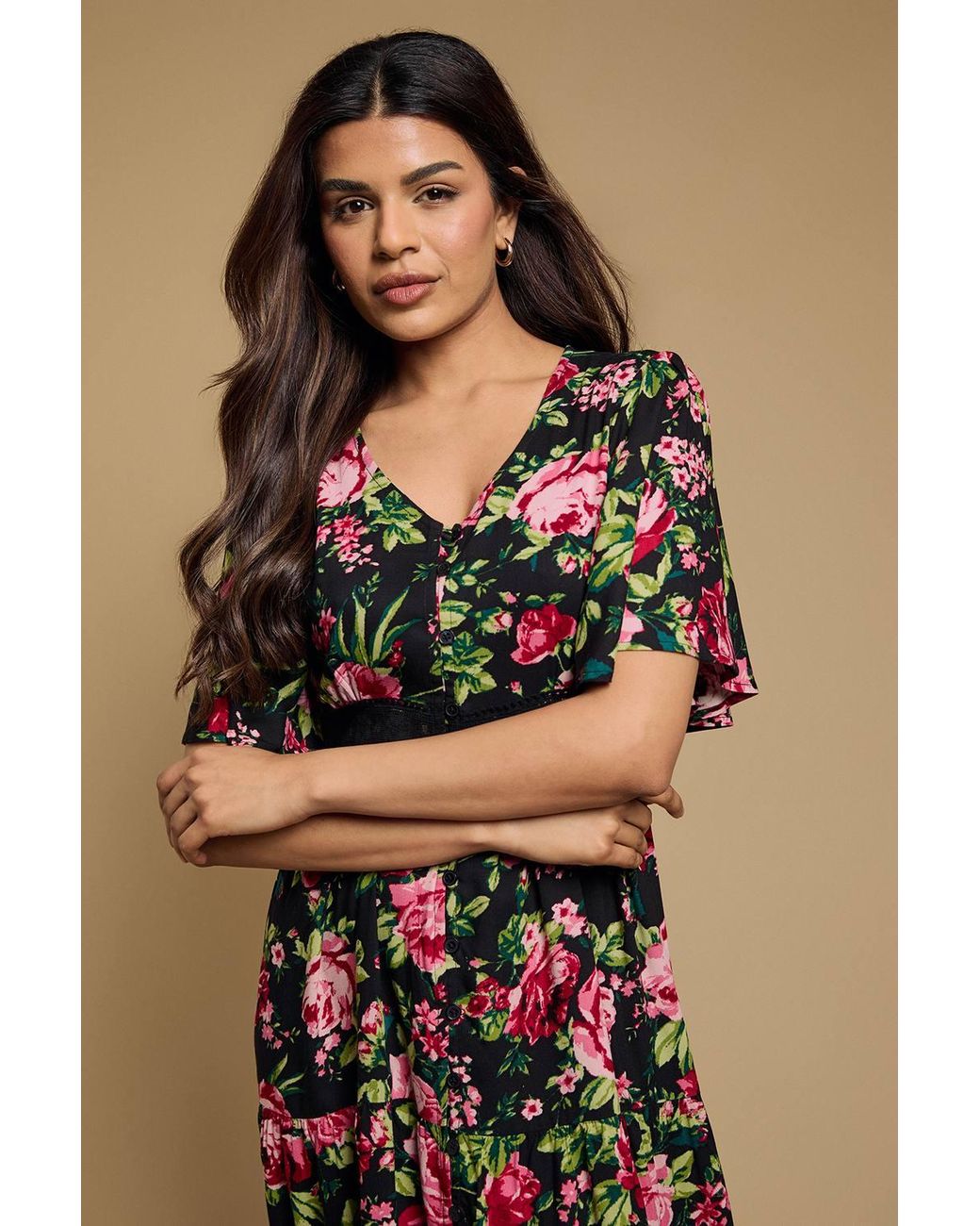 Dorothy Perkins Brown Petite Floral Lace Trim Button Detail Angel Sleeve Printed Midi Dress