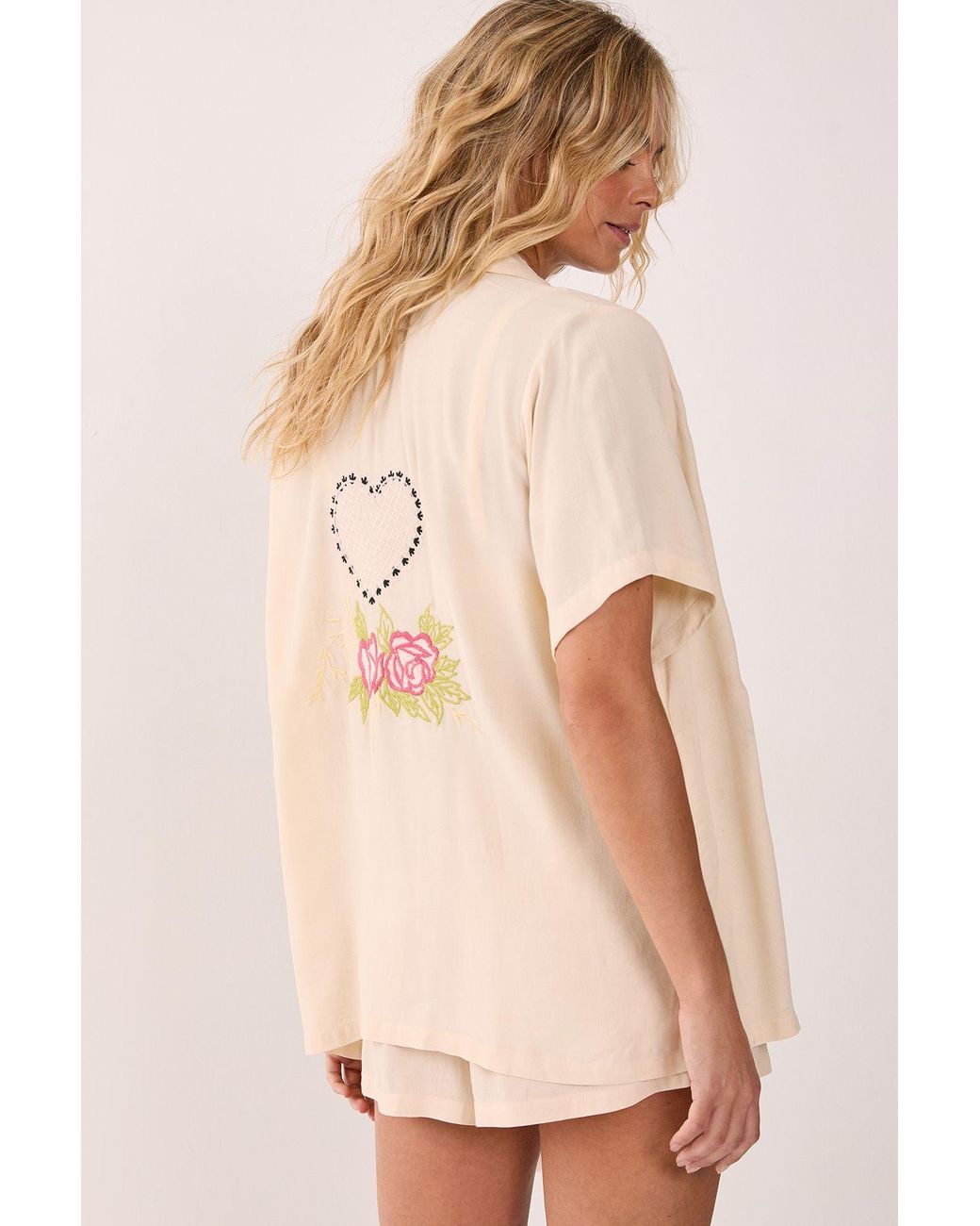 Nasty Gal Natural Cross Hatch Heart Embroidered Resort Shirt